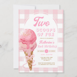Pink Bow Two Scoops Of Fun 2nd Birthday Gingham Invitation