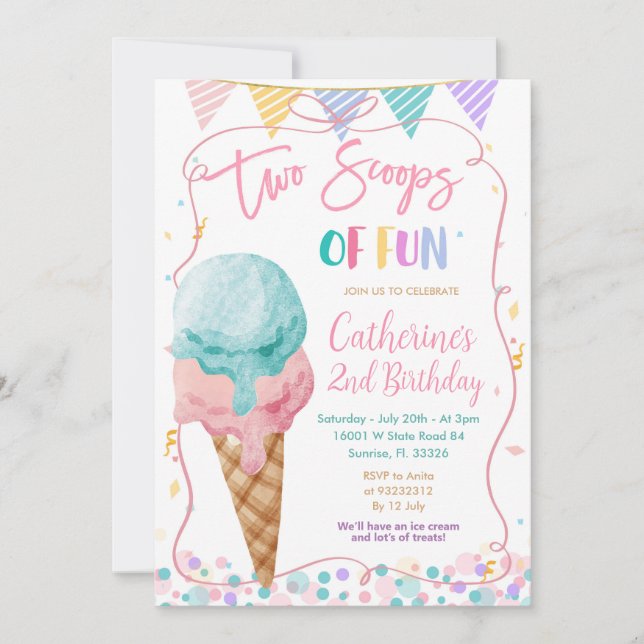 Pink Bow Two Scoops Of Fun Birthday Ice Cream Invitation (Front)