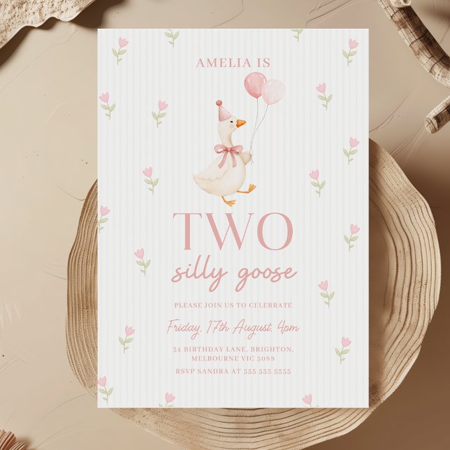Pink Bow Two Silly Goose Balloons 2nd Birthday Invitation (Creator Uploaded)