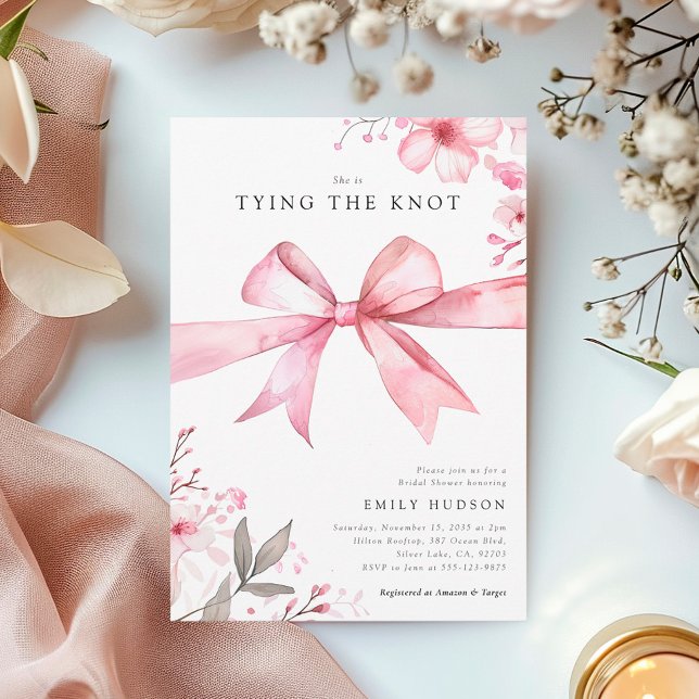 Pink Bow Tying the Knot Bridal Shower Invitation (Creator Uploaded)