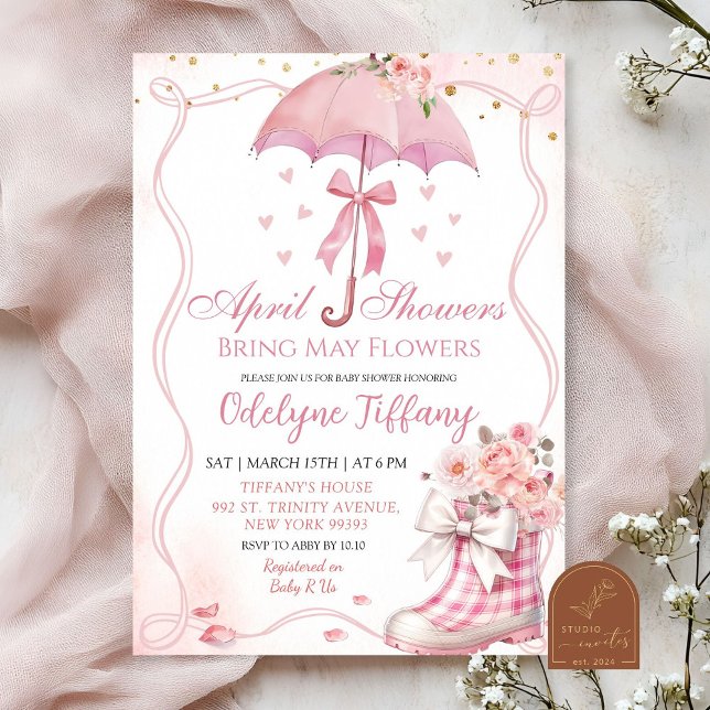 Pink Bow Umbrella Boots April Showers Baby Girl Invitation (Creator Uploaded)