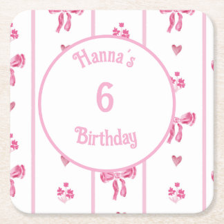 Pink Bow Vertical Stripe - preppy coquette  Square Paper Coaster