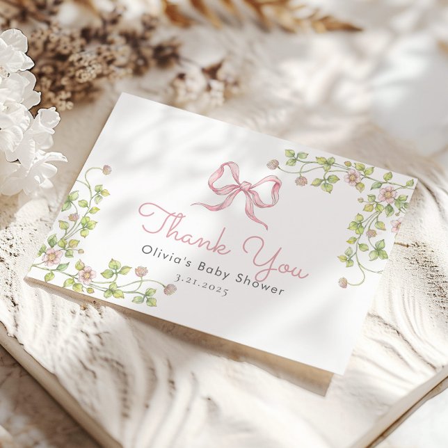 Pink Bow Vintage wildflower Thank You Card (Creator Uploaded)