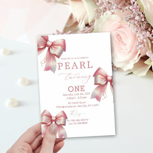 Pink Bow Watercolor 1st Birthday  Invitation