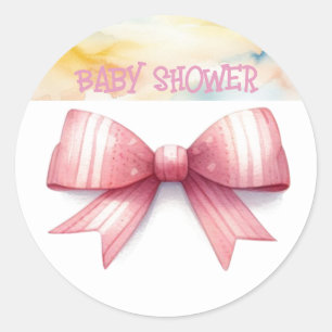 Pink Bow Watercolor Baby Shower Classic Round Sticker