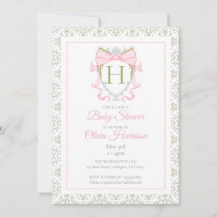 Pink Bow Watercolor Crest Baby Shower Invitation