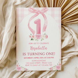 Pink Bow Watercolor First Birthday Invitation