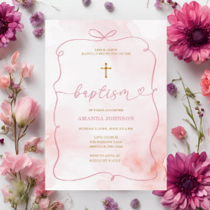 Pink Bow Watercolor Girl Christening Baptism Invitation