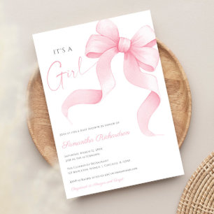 Pink Bow watercolor It's a girl baby shower Invitation