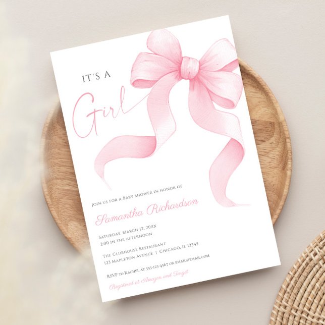 Pink Bow watercolor It's a girl baby shower Invitation (Creator Uploaded)