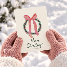 Pink Bow Watercolor Wreath Gingham Christmas Card