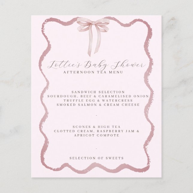 Pink Bow Wavy Border Girl Baby Shower Menu (Front)