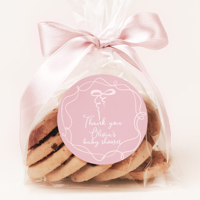 Pink bow wavy frame elegant girl shower thank you  classic round sticker (Creator Uploaded)