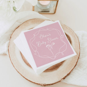 Pink bow wavy frame modern girl baby shower napkin