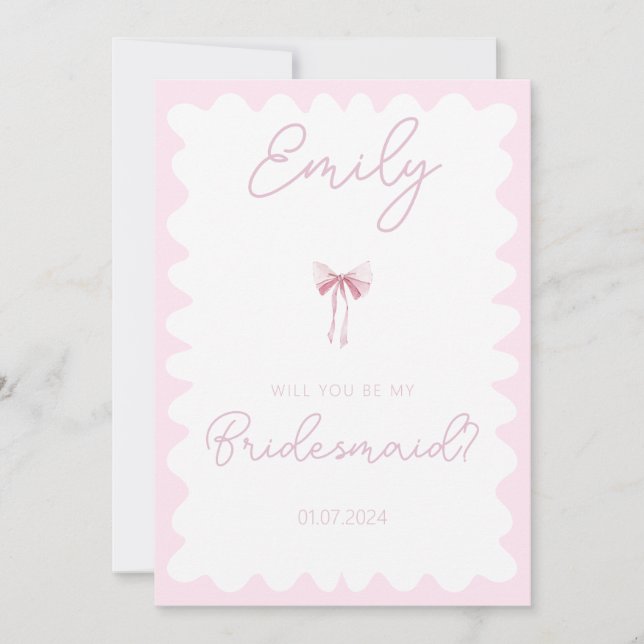 Pink bow wavy will you be my bridesmaid proposal invitation (Front)