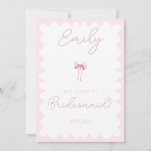 Pink bow wavy will you be my bridesmaid proposal invitation