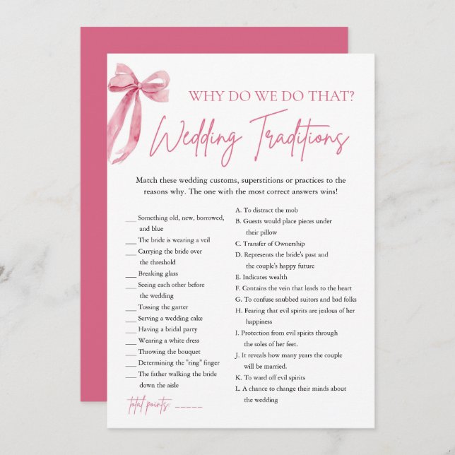 Pink Bow Wedding Traditions Bridal Shower Game Invitation (Front/Back)