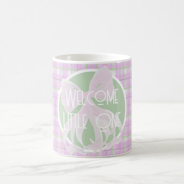 Pink bow-Welcome Little One- pink green plaid Coffee Mug (Center)