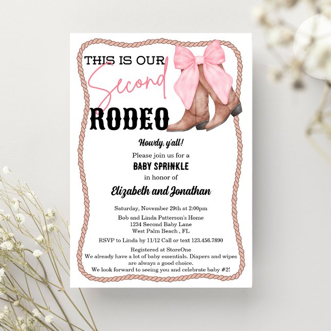 Pink Bow Western Second Rodeo Baby Shower Invitation (Creator Uploaded)