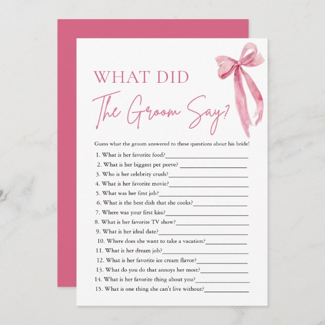 Pink Bow What Did The Groom Say Bridal Shower Game Invitation (Front/Back)