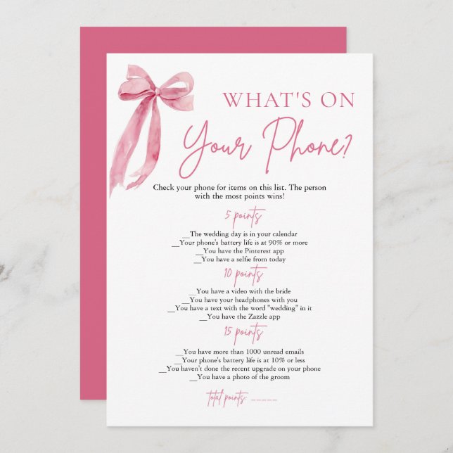 Pink Bow What's On Your Phone Bridal Shower Game Invitation (Front/Back)