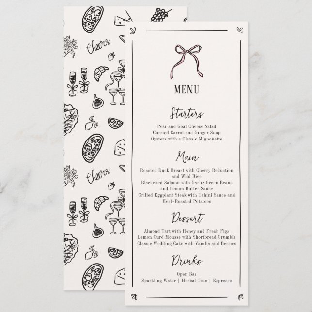 Pink Bow Whimsical, Hand drawn Wedding Flat Menu (Front/Back)