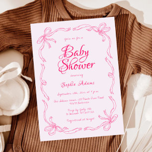 Pink Bow Whimsical Quirky Hand Drawn Baby Shower Invitation