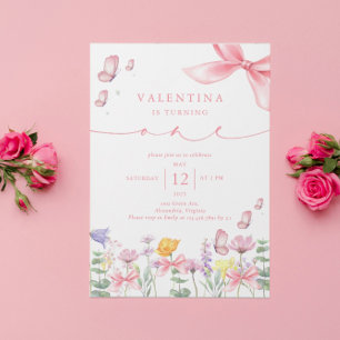 Pink Bow Wildflower 1st Birthday  Invitation