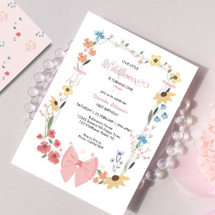 Pink Bow Wildflower 1st Birthday Invitation