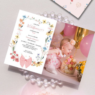 Pink Bow Wildflower 1st Birthday Photo Invitation