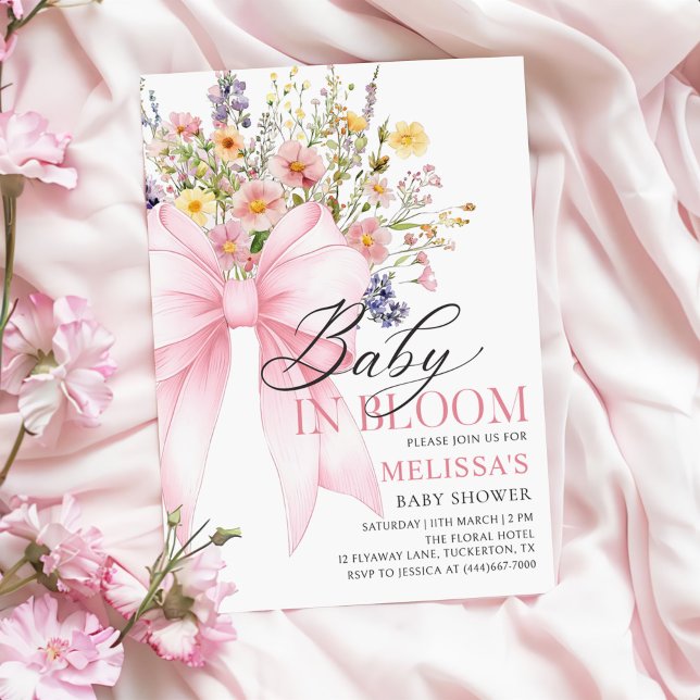 Pink Bow Wildflower Baby in Bloom Baby Shower Invitation (Creator Uploaded)