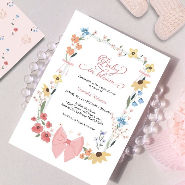Pink Bow Wildflower Baby in Bloom Baby Shower Invitation (Creator Uploaded)