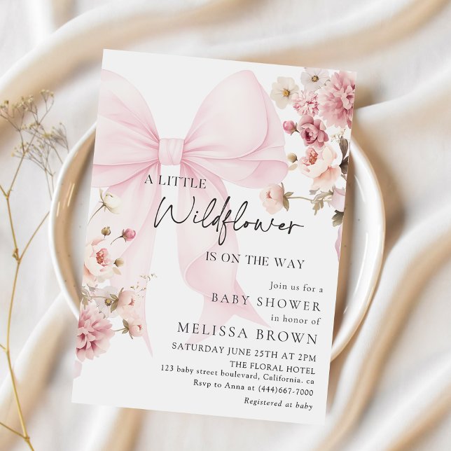 Pink Bow Wildflower Baby Shower Invitation (Creator Uploaded)