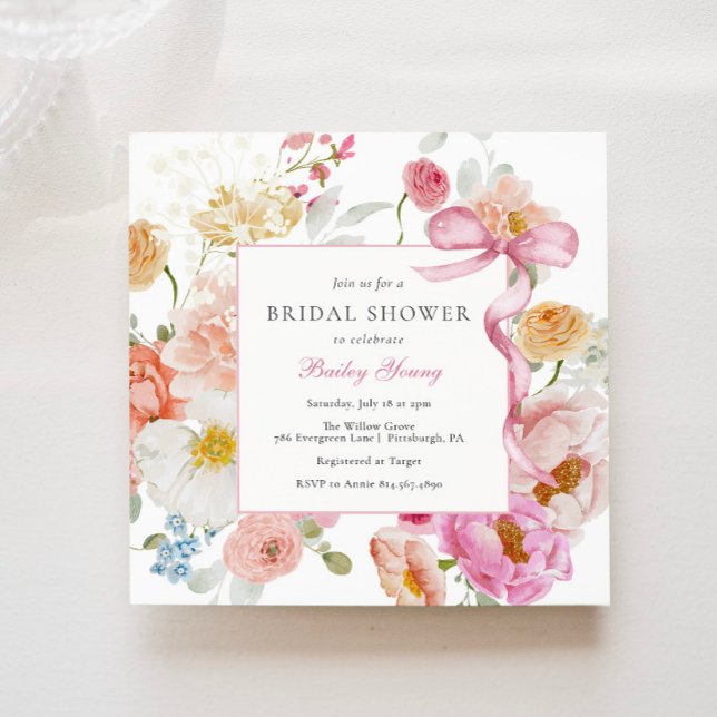 Pink Bow Wildflower Bridal Shower Invitation (Creator Uploaded)