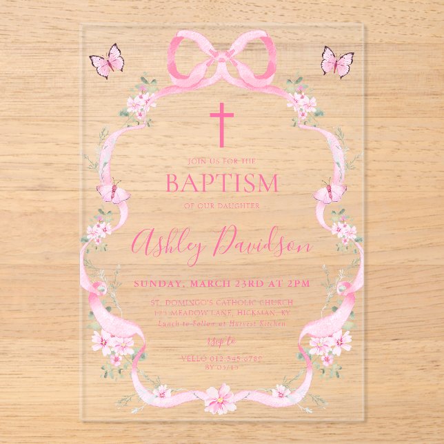 Pink Bow Wildflower Butterfly Baptism Christening Acrylic Invitations (Front)