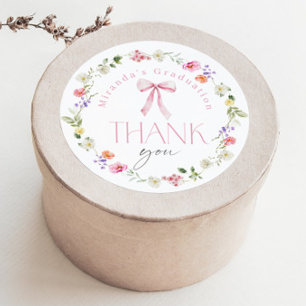 Pink Bow Wildflower Graduation party Thank you Classic Round Sticker