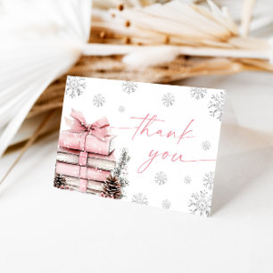 Pink Bow Winter Baby Shower, A New Chapter Begins Thank You Card