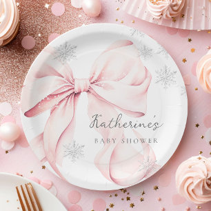 Pink Bow Winter Baby Shower Party Paper Plate