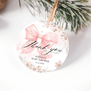 Pink Bow Winter Girl Baby Shower Thank You Favour Tags