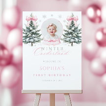 Pink Bow Winter Onderland Birthday Welcome Sign