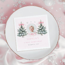 Pink Bow Winter Onderland First Birthday Napkins