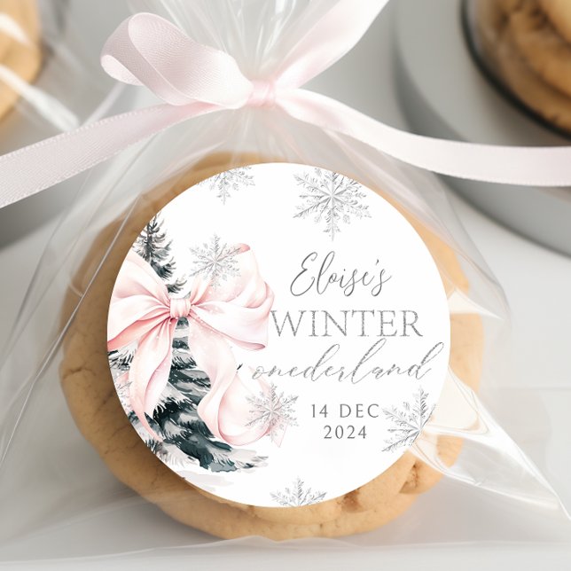 Pink Bow Winter Onederland 1st Birthday Classic Round Sticker (Creator Uploaded)