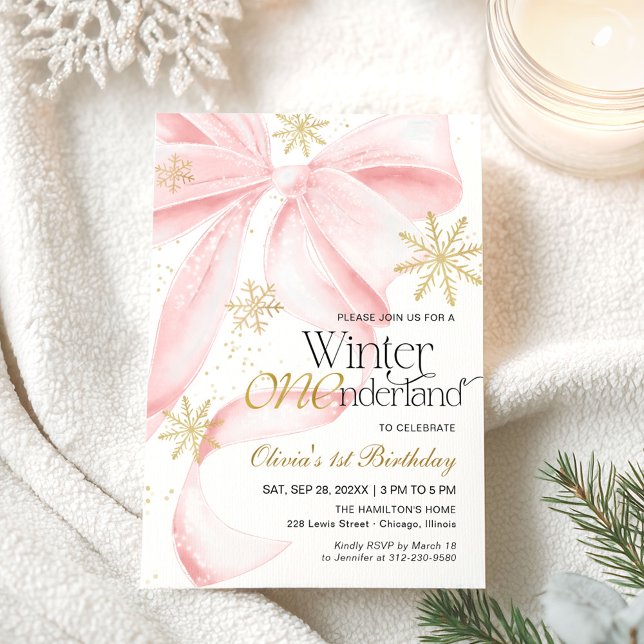 Pink Bow Winter Onederland 1st Birthday Invitation (Creator Uploaded)