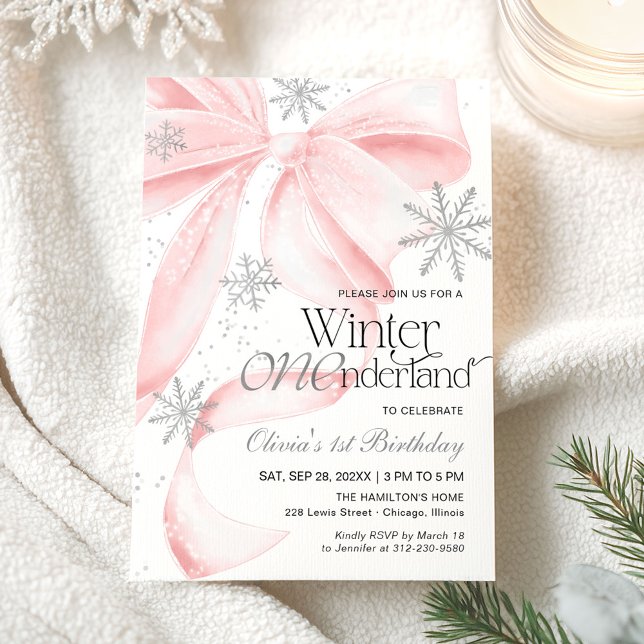 Pink Bow Winter Onederland 1st Birthday Invitation (Creator Uploaded)