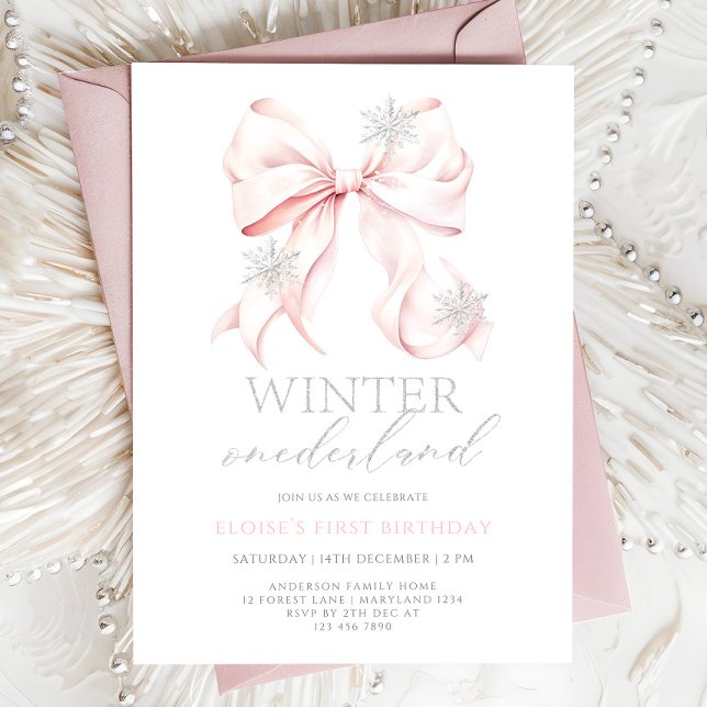Pink Bow Winter Onederland 1st Birthday Invitation (Creator Uploaded)