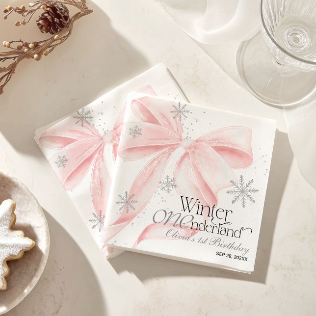 Pink Bow Winter Onederland 1st Birthday Napkin (Creator Uploaded)