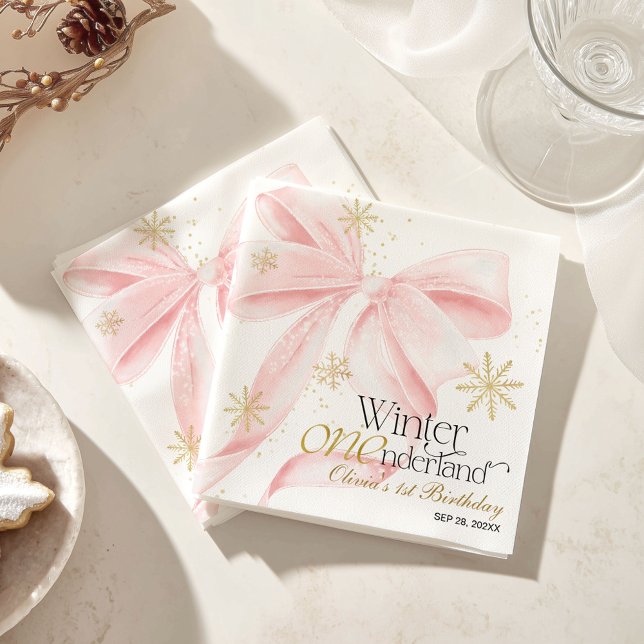 Pink Bow Winter Onederland 1st Birthday Napkin (Creator Uploaded)