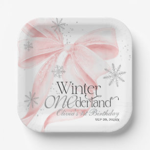 Pink Bow Winter Onederland 1st Birthday Paper Plate