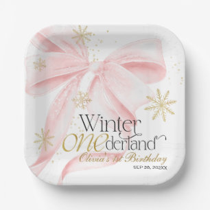 Pink Bow Winter Onederland 1st Birthday Paper Plate