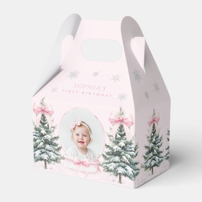 Pink Bow Winter ONEderland First Birthday Favour Box (Front Side)